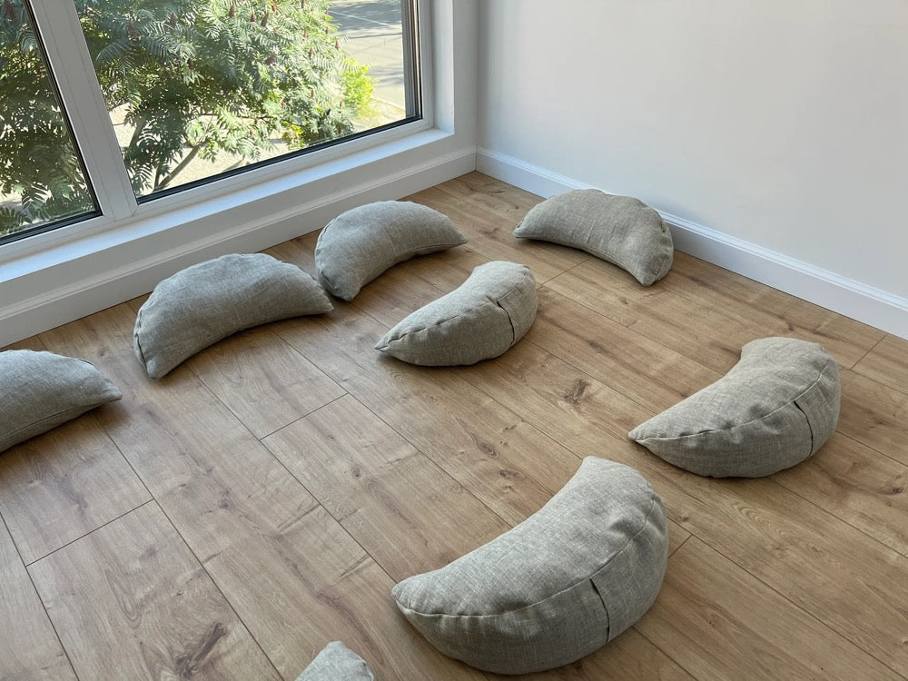 linen meditation Cresсent cushion filled with buckwheat hulls
