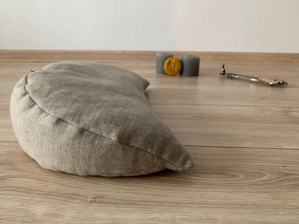linen meditation Cresсent cushion filled with buckwheat hulls