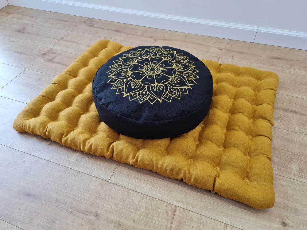Embroidery Meditation Set Zafu & Zabuton with Buckwheat hulls Mandala Linen Floor cushions