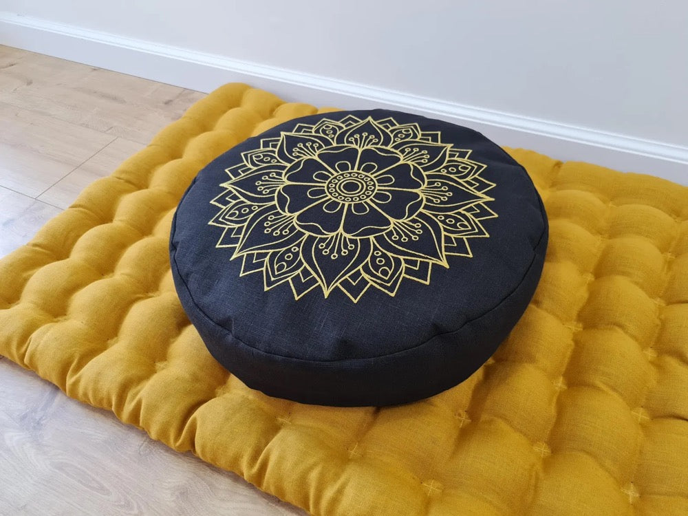 Embroidery Meditation Set Zafu & Zabuton with Buckwheat hulls Mandala Linen Floor cushions