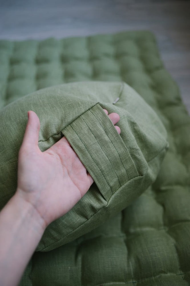 Zafu Linen floor cushion with Buckwheat hulls "Olive" Meditation cushion /Buckwheat hulls pillow seat