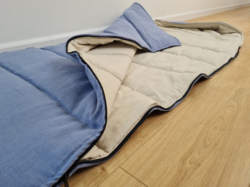 Natural Kids HEMP Linen Sleeping Bag with Hood School Nap mat for Kids, camping van sleeping