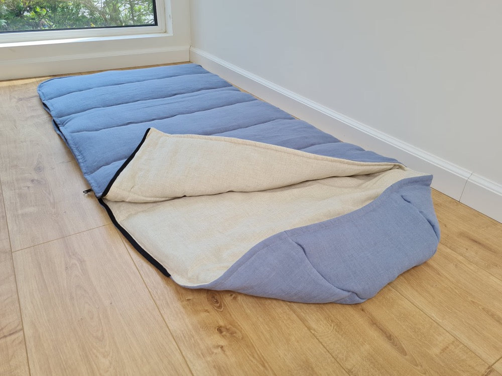 Natural Kids HEMP Linen Sleeping Bag with Hood School Nap mat for Kids, camping van sleeping