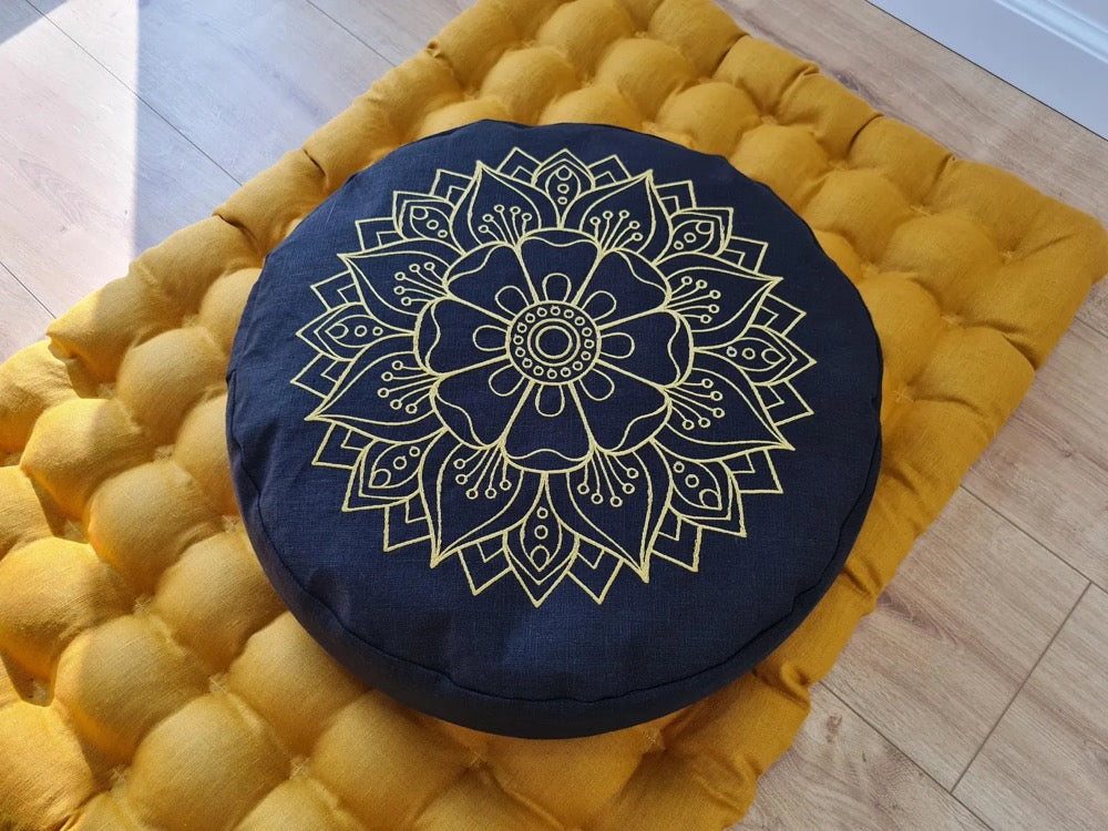 Embroidery Meditation Set Zafu & Zabuton with Buckwheat hulls Mandala Linen Floor cushions