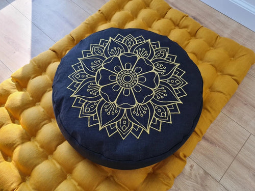 Embroidery Meditation Set Zafu & Zabuton with Buckwheat hulls Mandala Linen Floor cushions