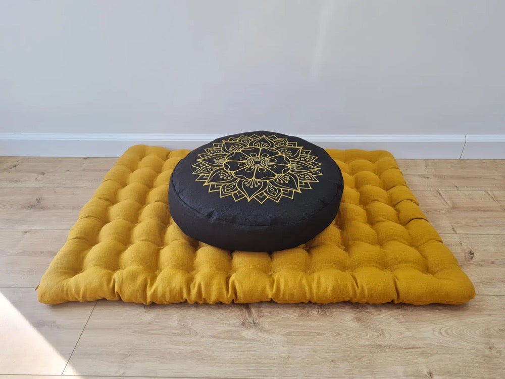 Embroidery Meditation Set Zafu & Zabuton with Buckwheat hulls Mandala Linen Floor cushions