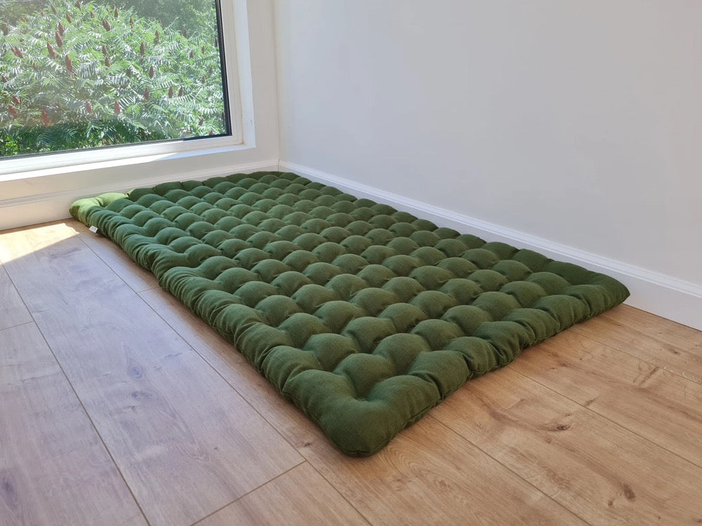 Natural linen floor topper filled organic buckwheat hulls filling yoga mat multi chamber futon in Linen fabric