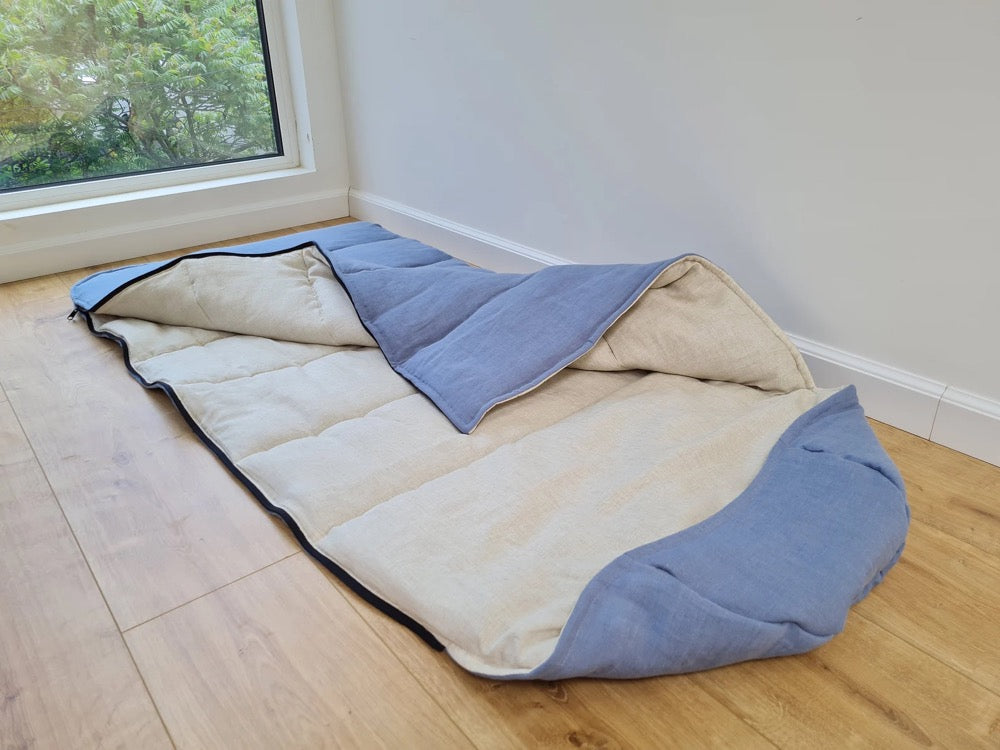 Natural Kids HEMP Linen Sleeping Bag with Hood School Nap mat for Kids, camping van sleeping