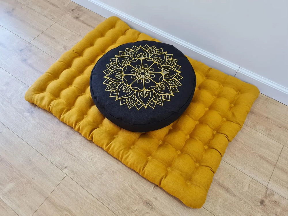 Embroidery Meditation Set Zafu & Zabuton with Buckwheat hulls Mandala Linen Floor cushions