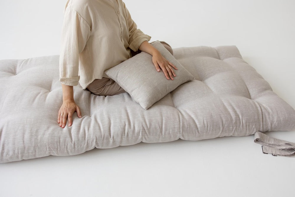 Linen shikibuton mat 3” thick organic mat with hemp fiber filler inside in natural non-dyed