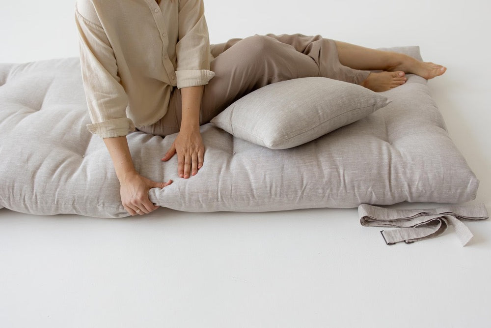 Linen shikibuton mat 3” thick organic mat with hemp fiber filler inside in natural non-dyed